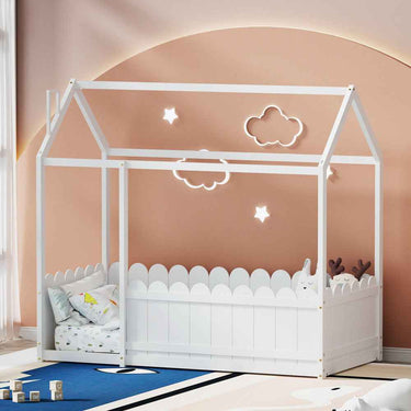 White Wooden toddler Bed House-Shaped Single Bed Frame - Solid Pine Wood